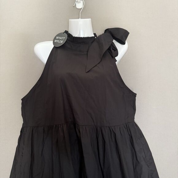 WYATT WYLDE Maxi Dress Large L Black Womens Helena Tie Neck Pockets Cotton New - Picture 4 of 13